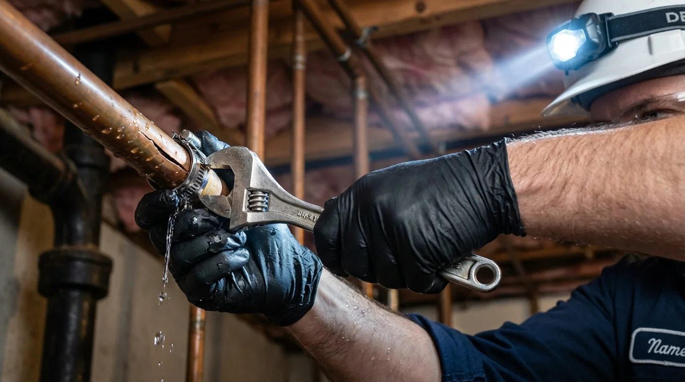 Emergency pipe clamp repair being performed by a Johns Plumbing LLC plumber in Westport