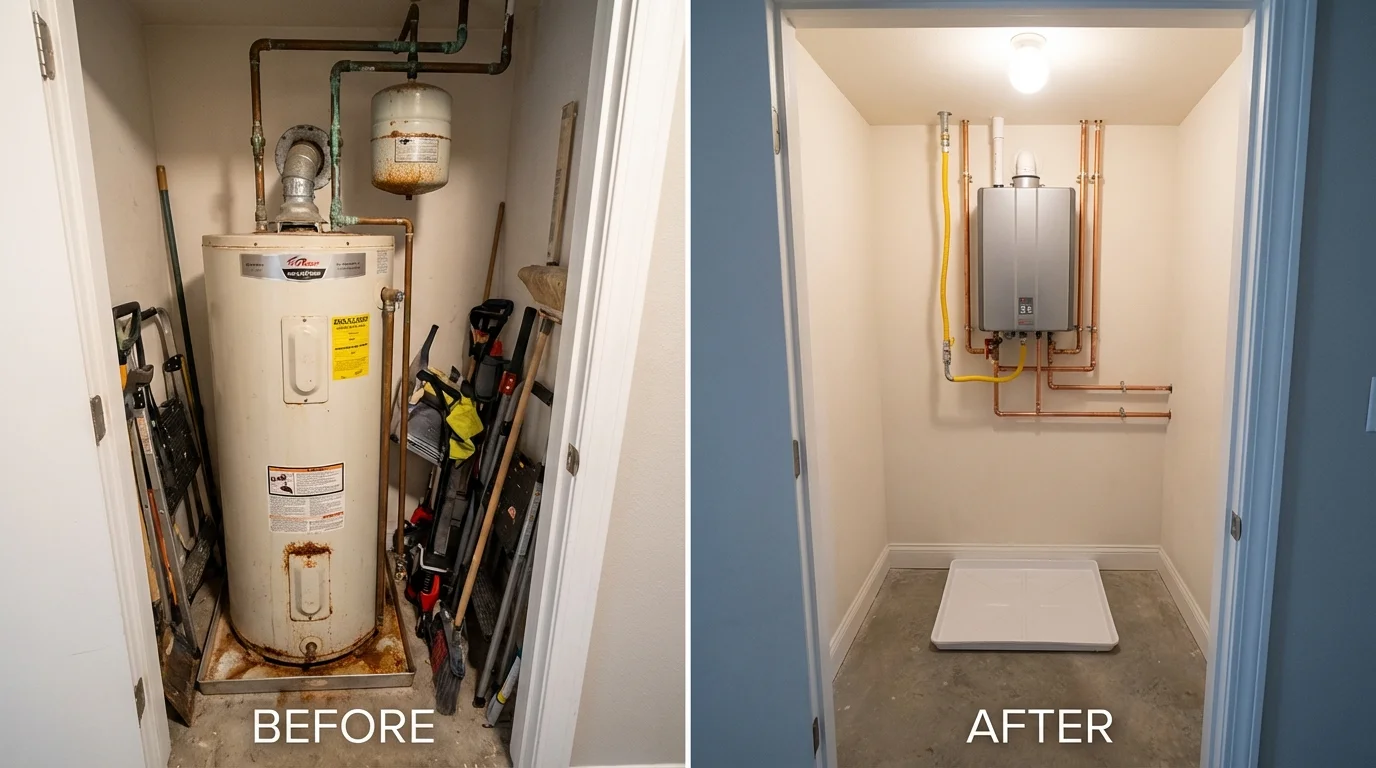 Tank water heater versus wall-mounted tankless unit comparison for Westport, IN homeowners