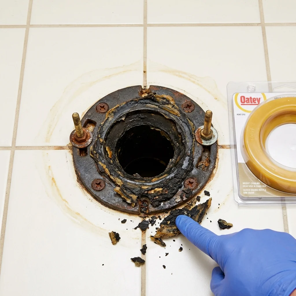 Failed wax ring showing water seepage at the base of a toilet in a Westport, IN home