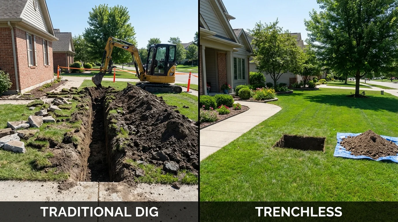 Trenchless sewer repair with minimal yard damage versus traditional excavation in Westport, IN
