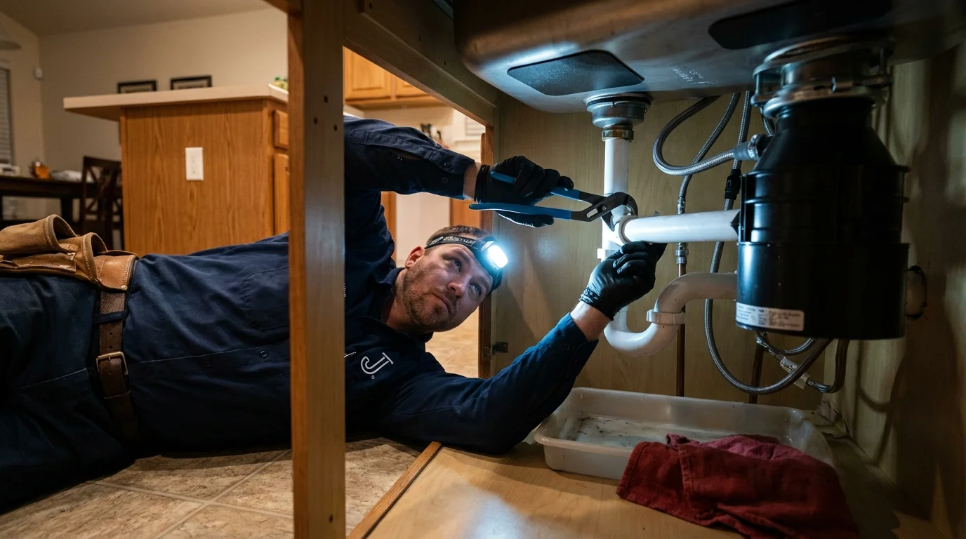 P-trap and supply line connections under a kitchen sink showing a common leak point in Westport, IN